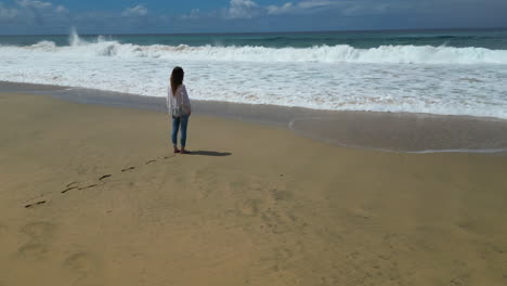 tourist observing ocean waves on cofete beach, fuerteventura, canary islands, spain