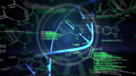 adn en movimiento, texto y datos digitales mostrados sobre un fondo oscuro