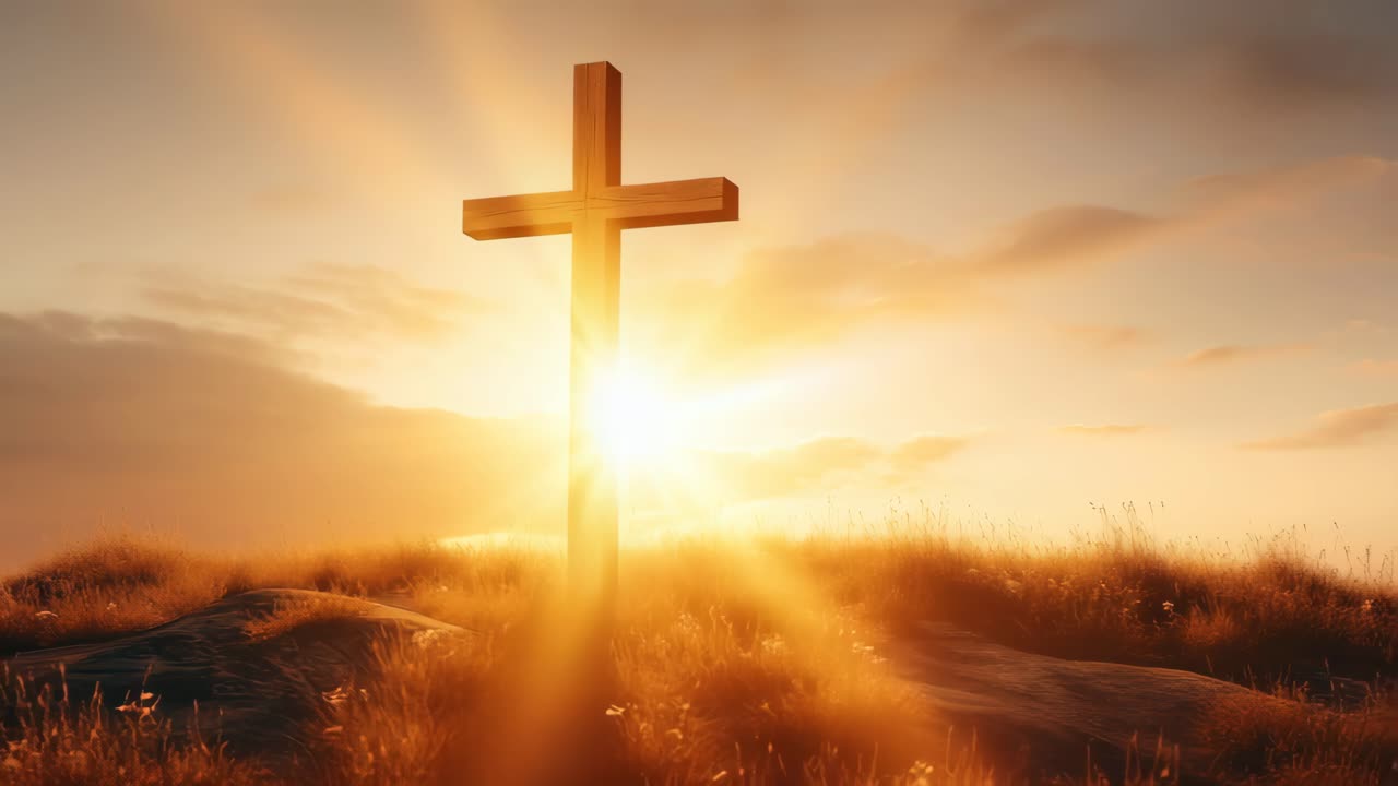 A serene video scene of a cross on a hill at sunset, captured from a low angle