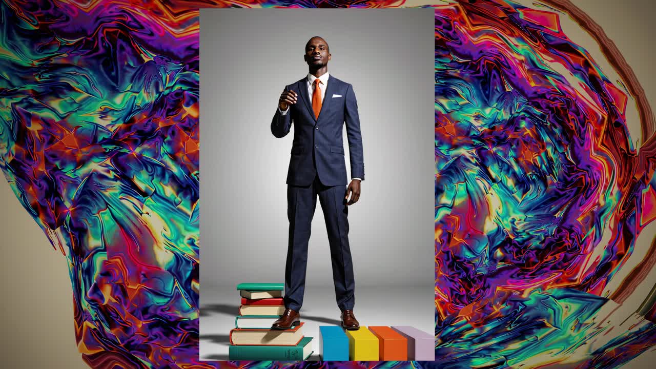 hombre de traje de pie sobre libros