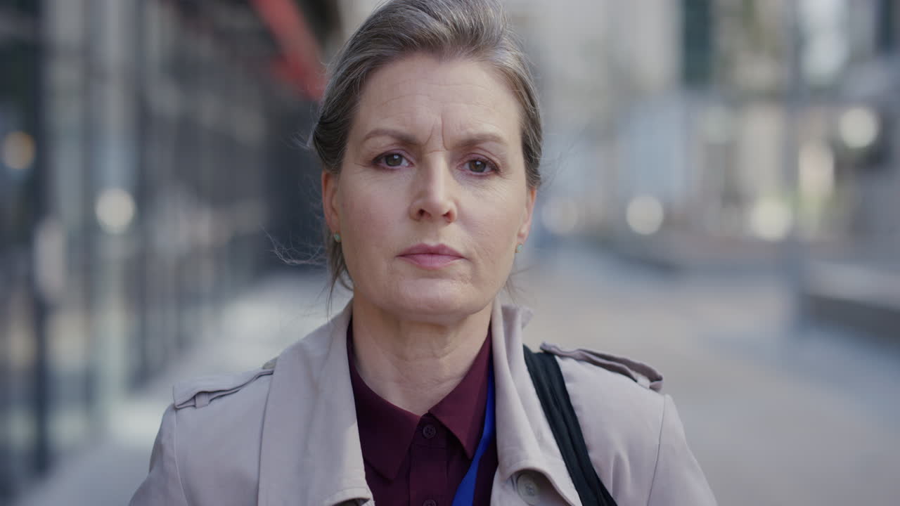 도시에서 성공적인 도시 생활 방식을 즐기는 진지하게 보이는 성숙한 사업가 여성 기업가의 초상화