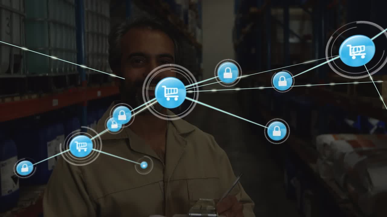 Animazione di una rete di connessioni sopra un operaio in un magazzino.