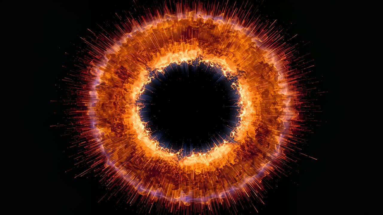 Emanating from black void edge, fiery plasma ring expanding at center, radiating ember-like sparks