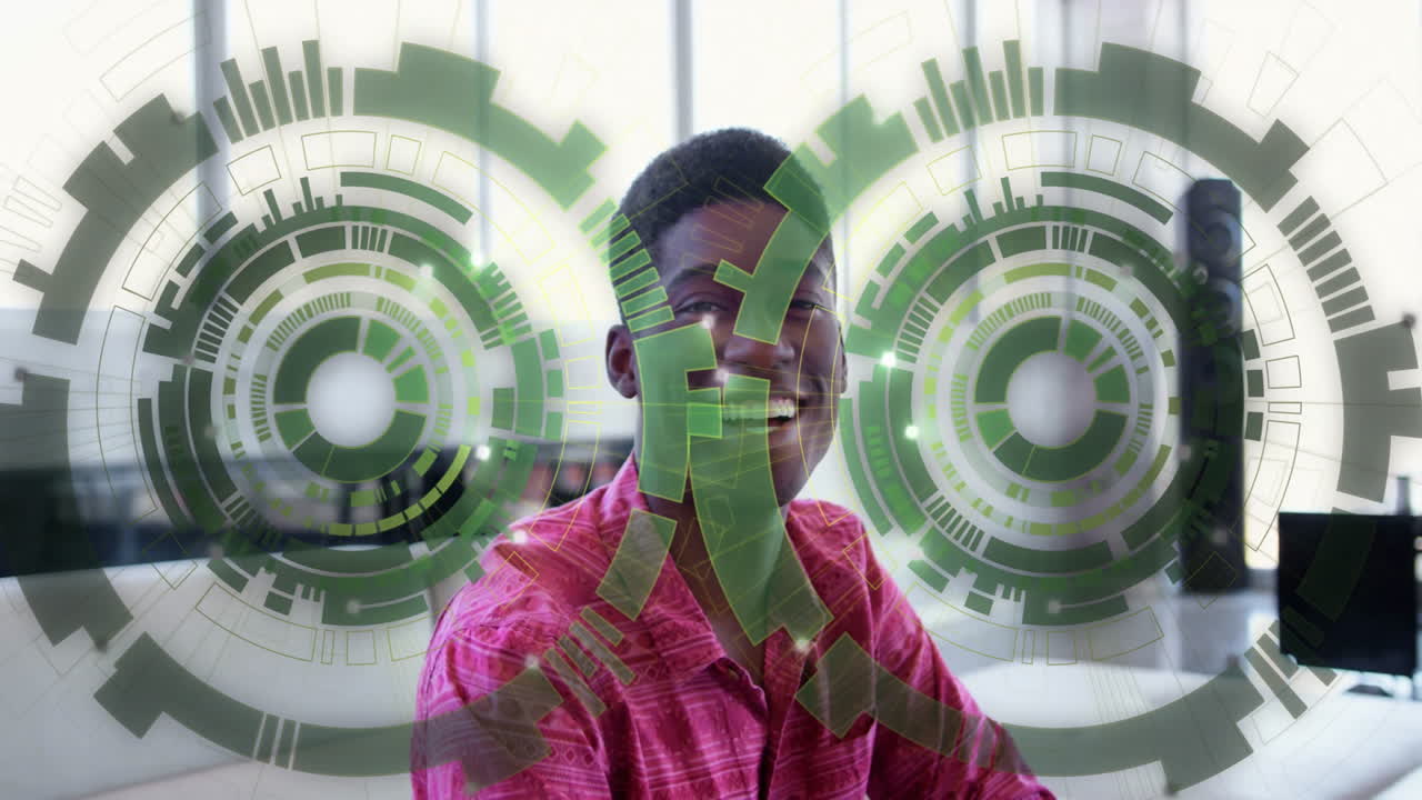 Animation overlay with digital green interface on smiling person in modern setting