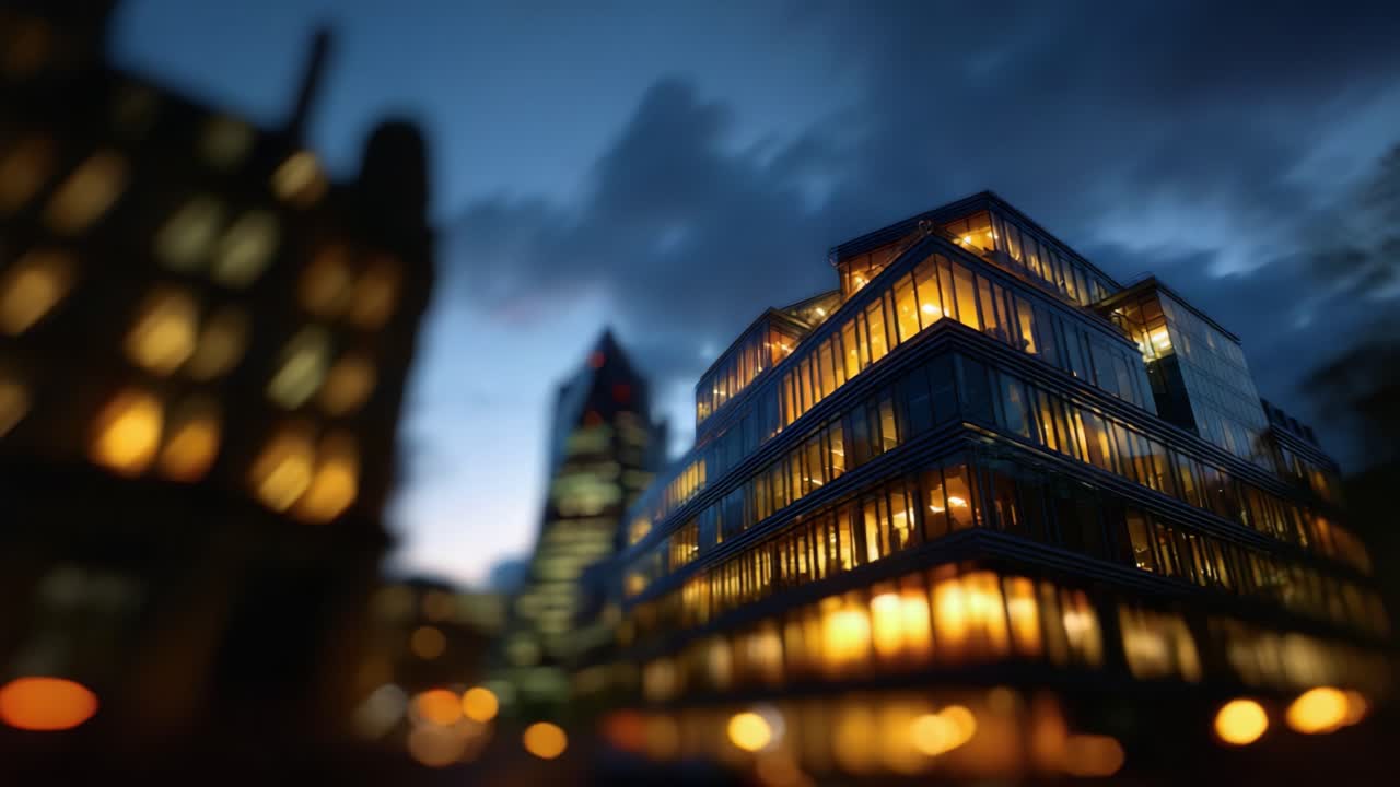 Splendido design architettonico di un moderno edificio in vetro di notte, illuminato da luci calde su uno sfondo di cielo spettacolare in un contesto di paesaggio urbano