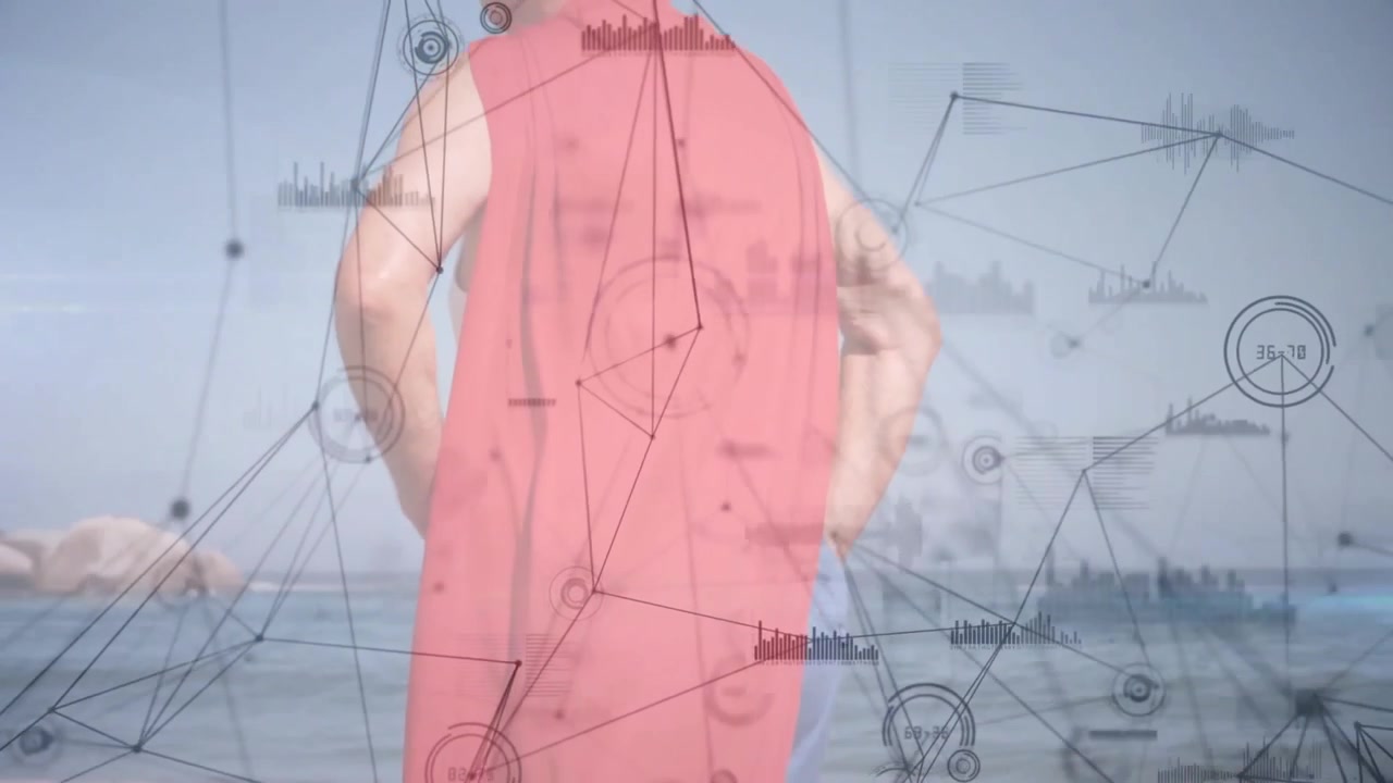 Kameraschwenk enthüllt älteren Mann, der auf das Meer blickt, während Netzwerkdiagramme Technologieüberwachung zeigen.