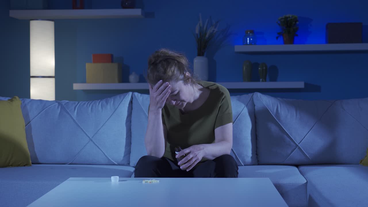 la mujer que toma las pastillas en la mesa con las manos temblando. suicidio.