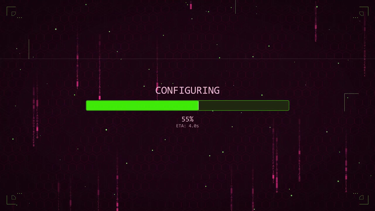 Display showing progress of a configuring process related to a design element video. The screen indicates 55 percent completion with an estimated time of 4.6 seconds remaining