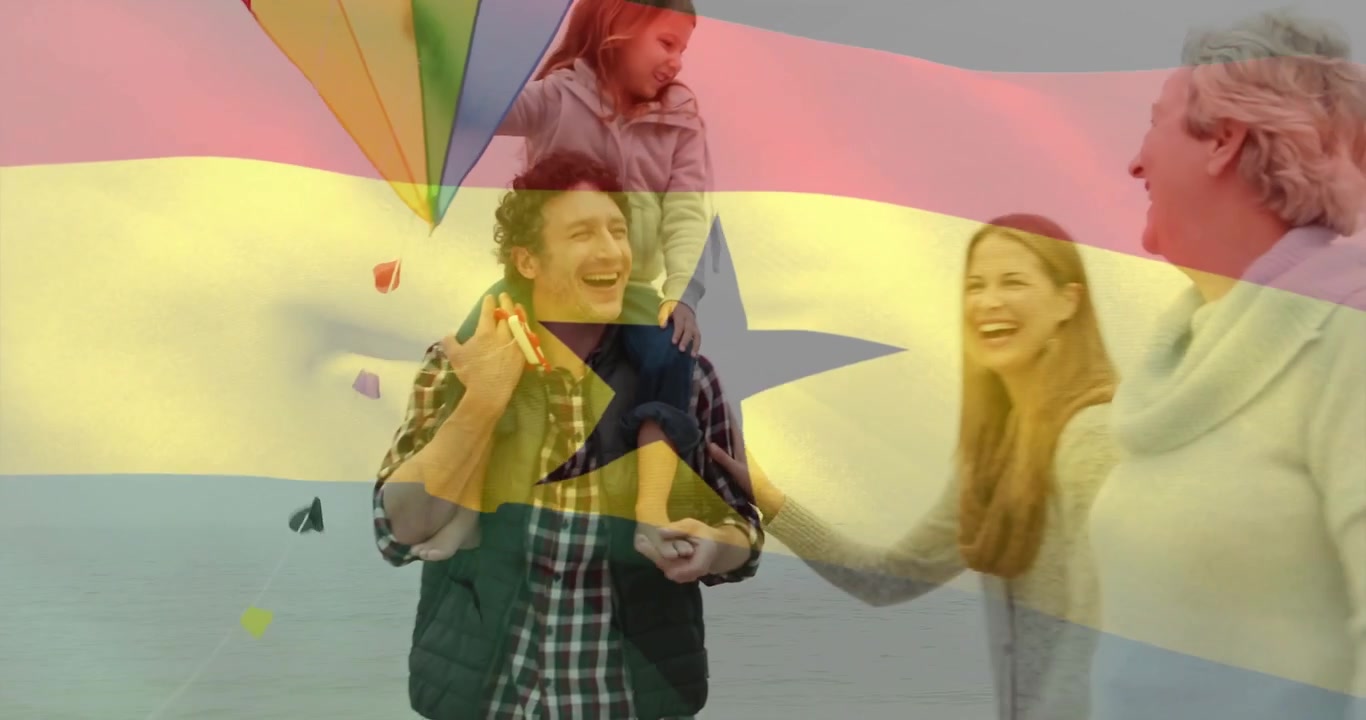 Pai carregando a filha, família se aproximando, brisa levantando pipa, sobreposição de bandeira cruzando quadros para anúncios.