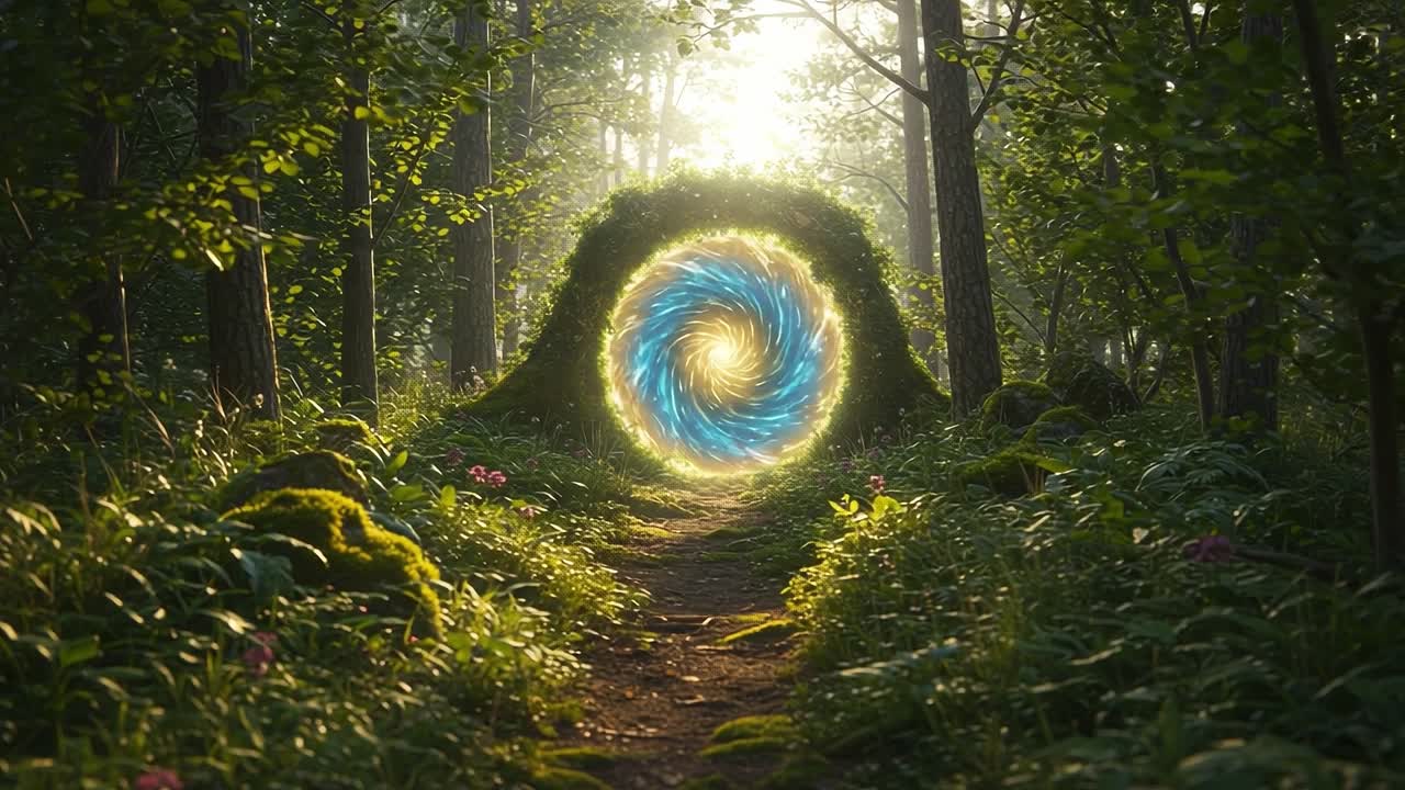 A Mystical Portal Framed by Lush Greenery, Inviting Exploration Through an Enchanted Pathway in a Sun-Drenched Forest Setting