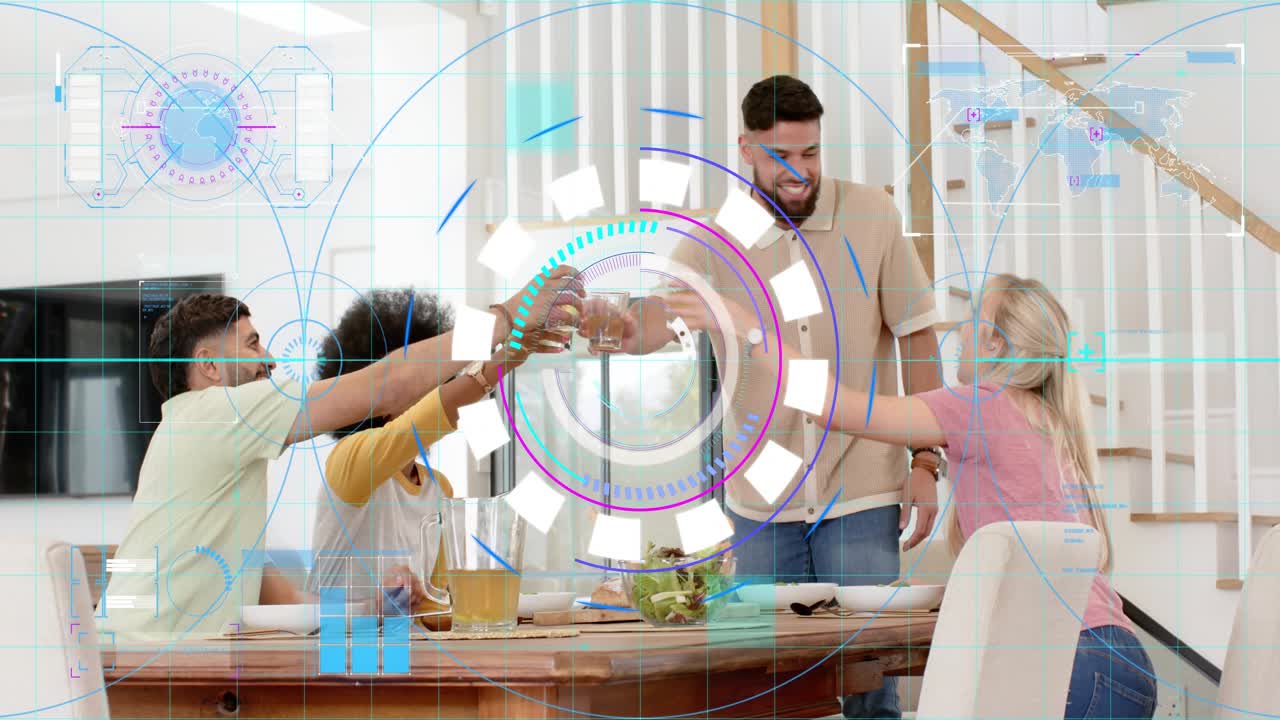 Bearded man standing, toasting at table, clink icons sparking friends cheering for food celebration