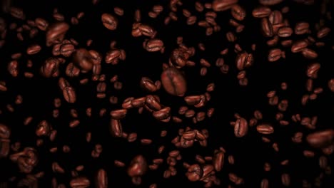 flying many coffee beans on black background. caffeine drink, breakfast, aroma. 3d animation of roasted coffee beans rotating. loop animation.