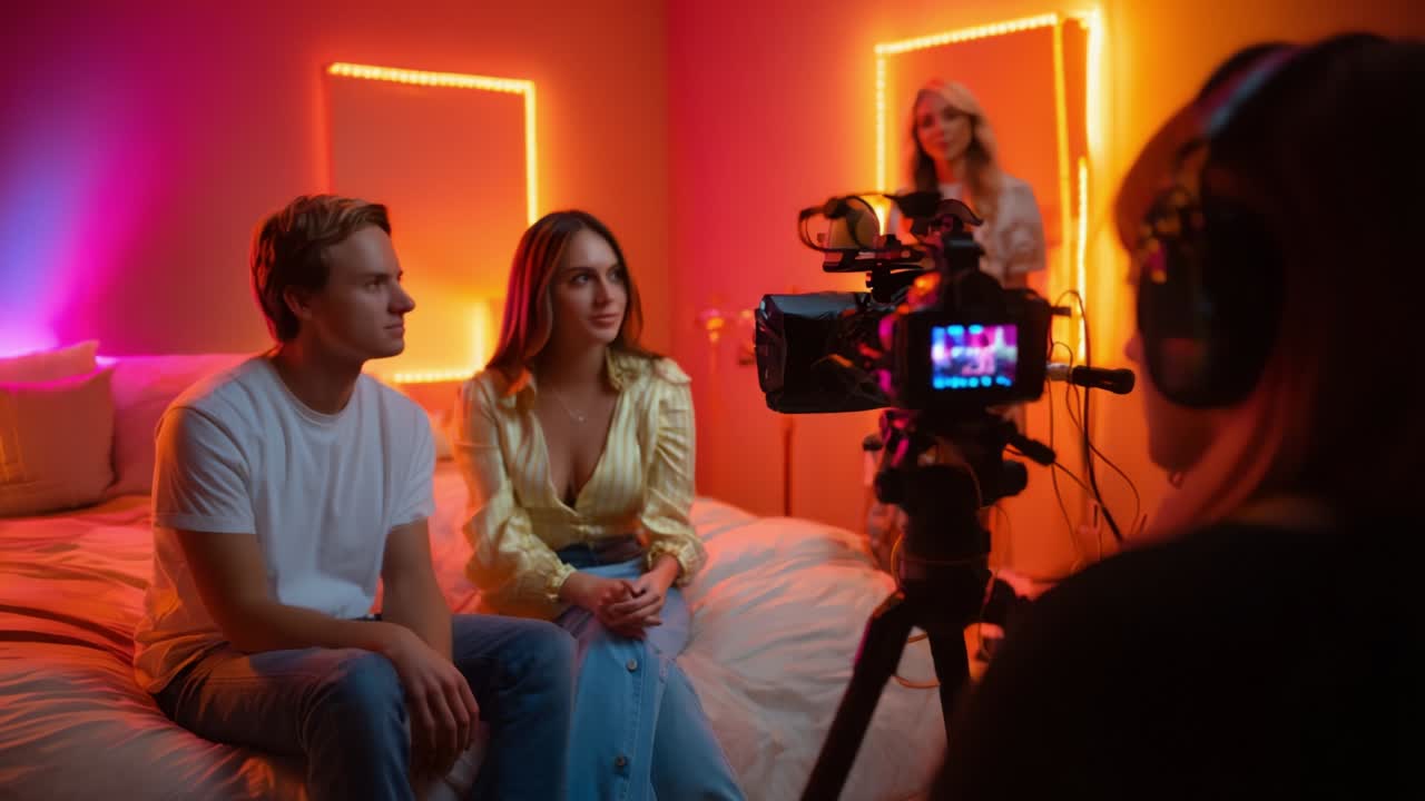 A captivating scene capturing a video shoot in a visually stunning room bathed in vibrant neon colors, showcasing two individuals in a thoughtful conversation while a camera records their interaction