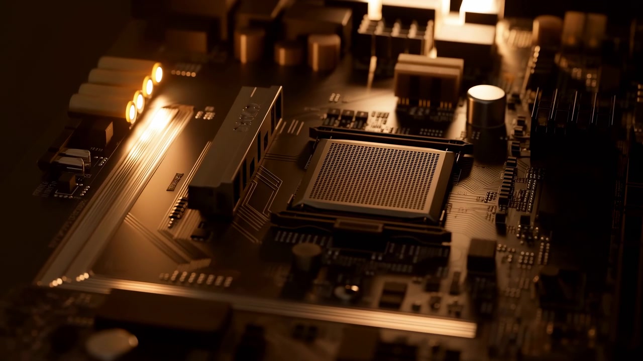 Low oblique close view of computer motherboard centered on CPU socket, with dense pin grid, adjacent memory slot, cylindrical capacitors, multi-pin connectors, heatsink fins, polished traces, and