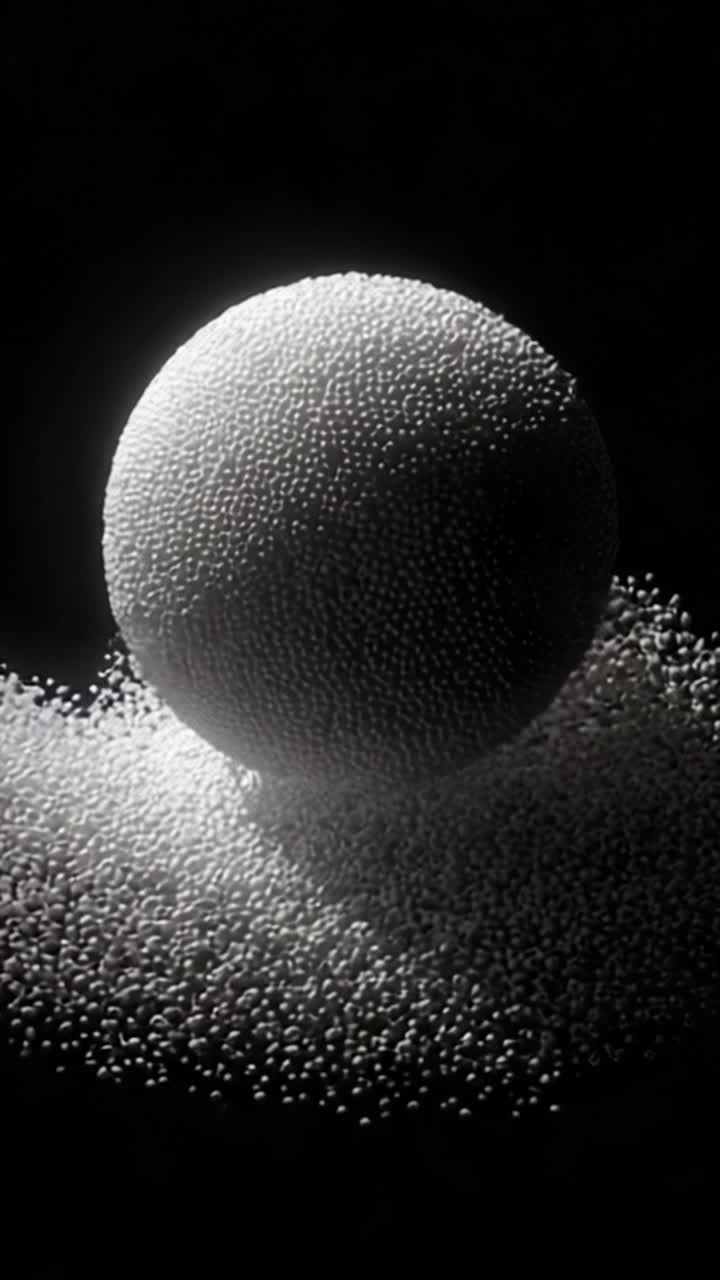 A mesmerizing display of a spherical structure made entirely of tiny particles, casting intricate shadows against a dark backdrop, showcasing texture and depth
