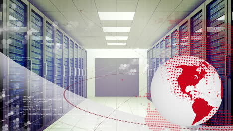 animation of globe and data processing over server room