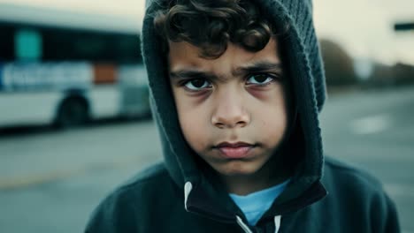 a young boy in a hoodie looks seriously at the camera