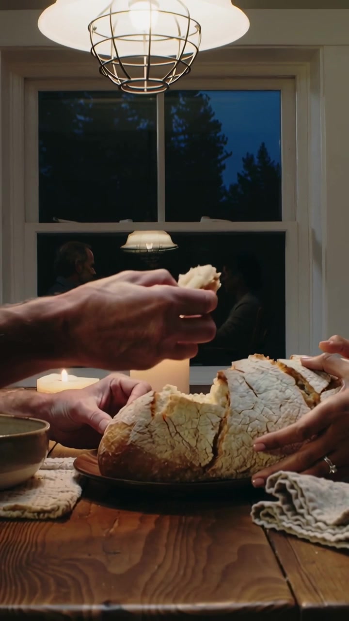 Vertical video: Entering hands tearing rustic loaf on home dining table at night, sharing bread
