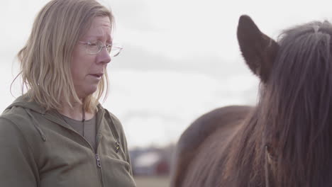 equine experiential learning as woman interacts with chestnut horse, close-up