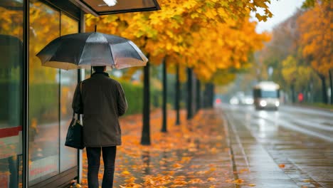 stylish businessman is walking away from bus stop on a rainy autumn day, holding an umbrella and a bag, with yellow leaves on the sidewalk and blurred traffic in the background