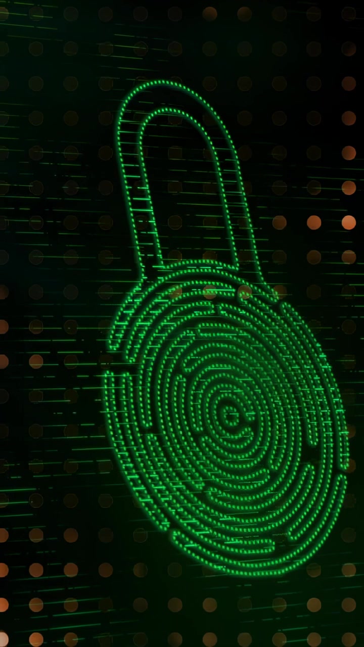 Vertical video: Powering on, green LED padlock forming spiral dots through dot grid for security