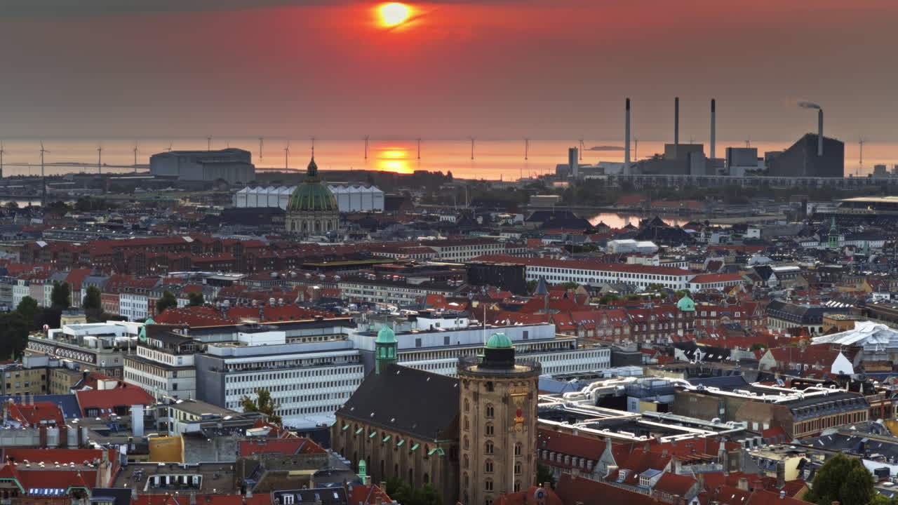 Aerial drone view of the Round Tower with Copenhagen cityscape, Denmark