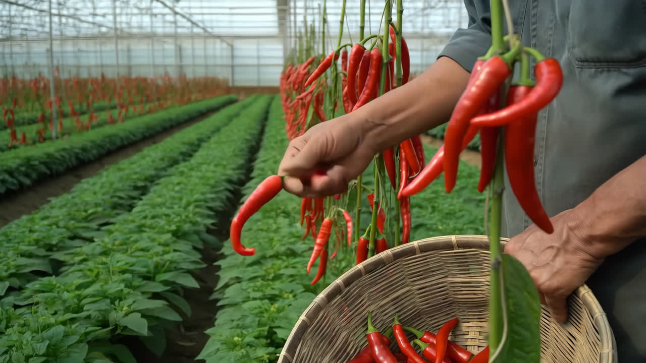 Harvesting red peppers in a greenhouse