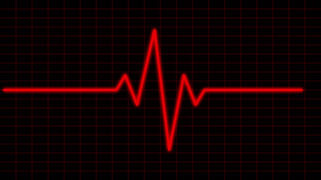 Linea rossa ECG del battito cardiaco che pulsa e si appiattisce su monitor.