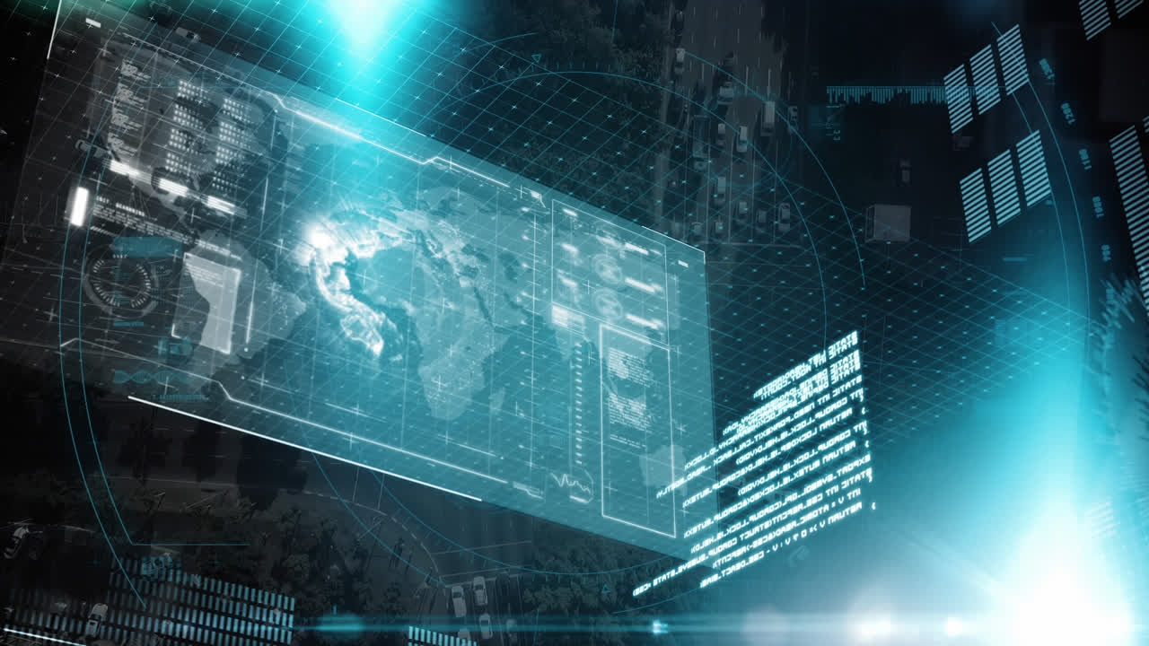 Animation of data processing on screen over cityscape