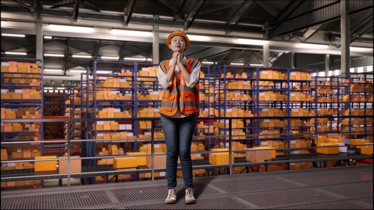 cuerpo lleno de ingeniera asiática con casco de seguridad reza por algo mientras está de pie en el almacén con estantes llenos de bienes de entrega