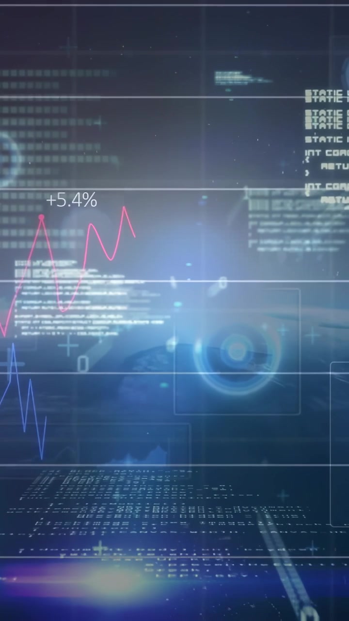 Vertikal video: HUD starter panorering, oppdaterer markedsgrafer, med flytende binære sifre for innsikt.