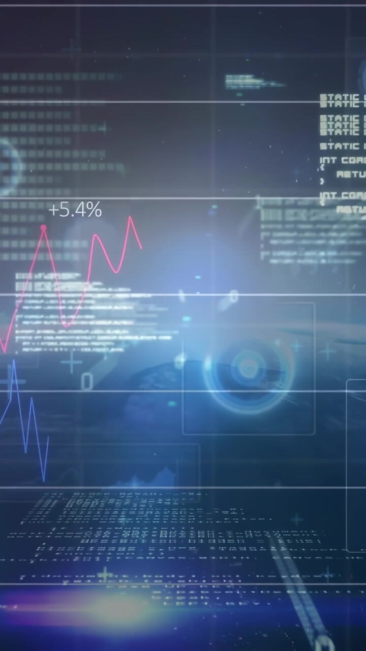 Vertikal video: HUD starter panorering, oppdaterer markedsgrafer, med flytende binære sifre for innsikt.