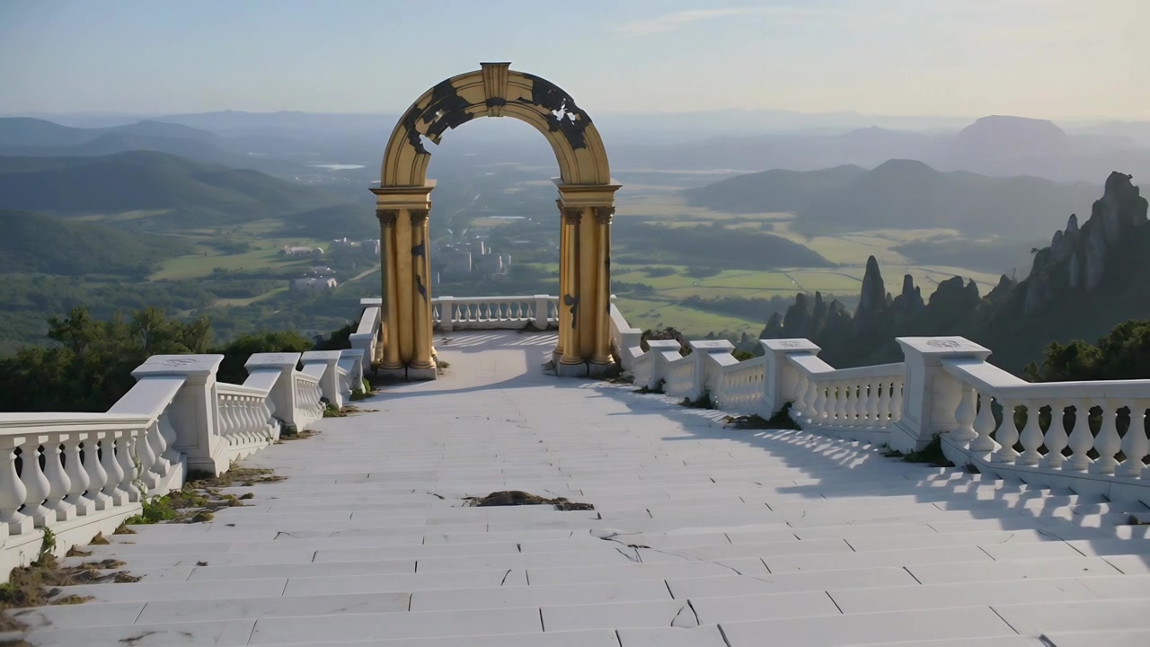 La telecamera in movimento si avvicina a un arco dorato su una terrazza piastrellata in un punto panoramico in cima a una collina, rivelando la valle.