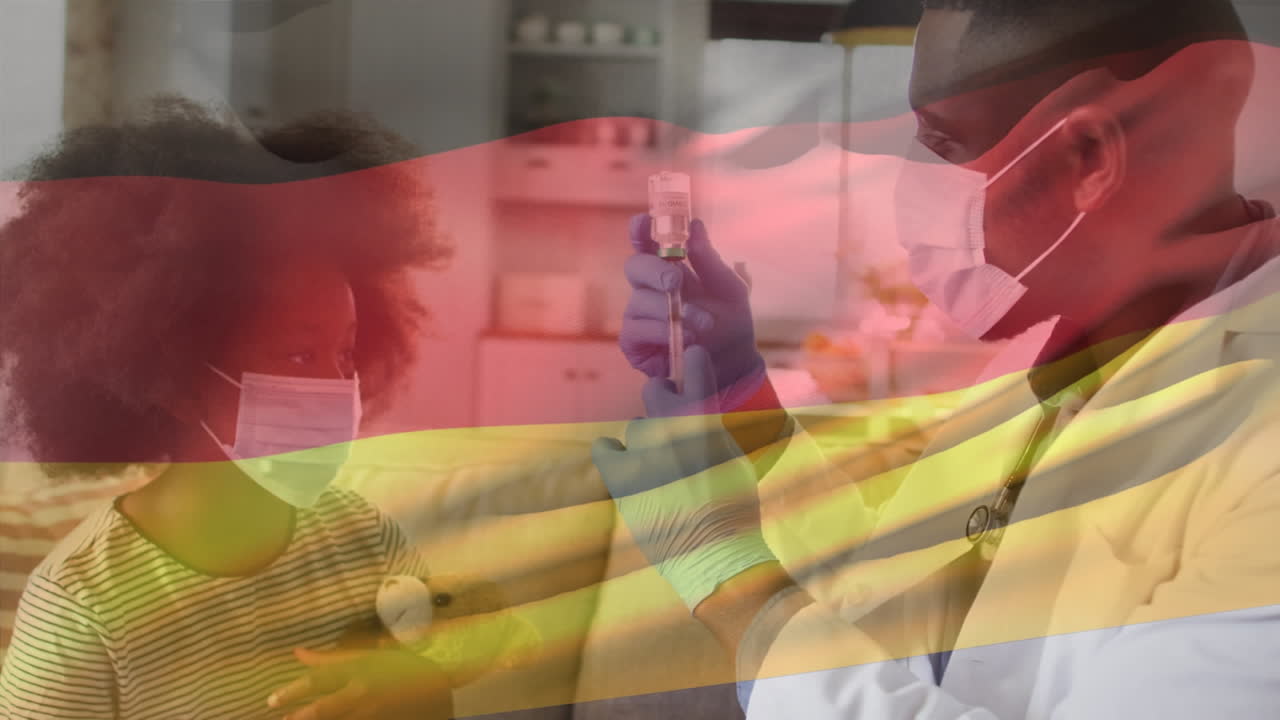Animación de la bandera de Alemania ondeando sobre un médico con mascarilla y vacunando a una niña