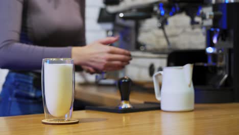 barista working at bar counter in cafe. professional barista standing at bar counter in coffee shop