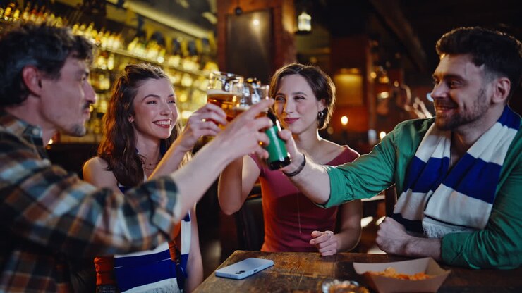 Amici felici che bevono birra in un bar sportivo, primo piano. Giovani sorridenti che fanno un brindisi