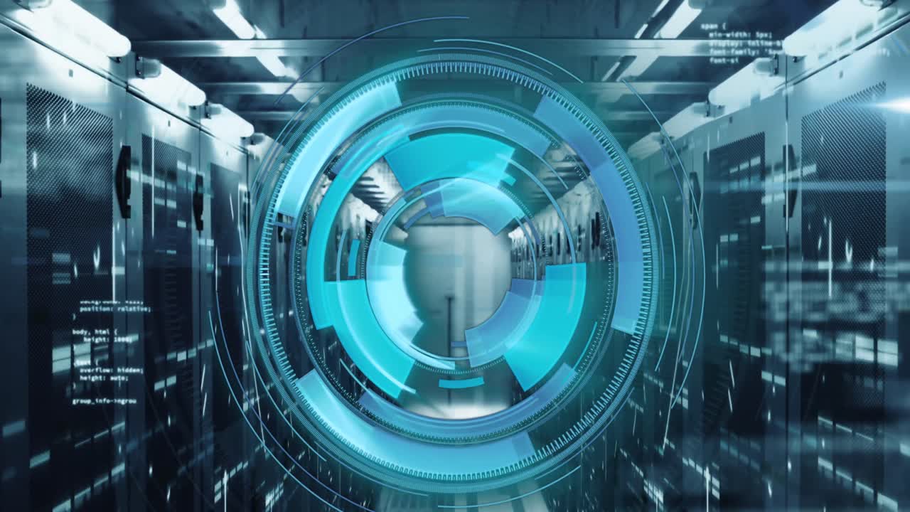 animazione di cerchi di caricamento su linguaggio informatico contro linee e barre sulla sala server