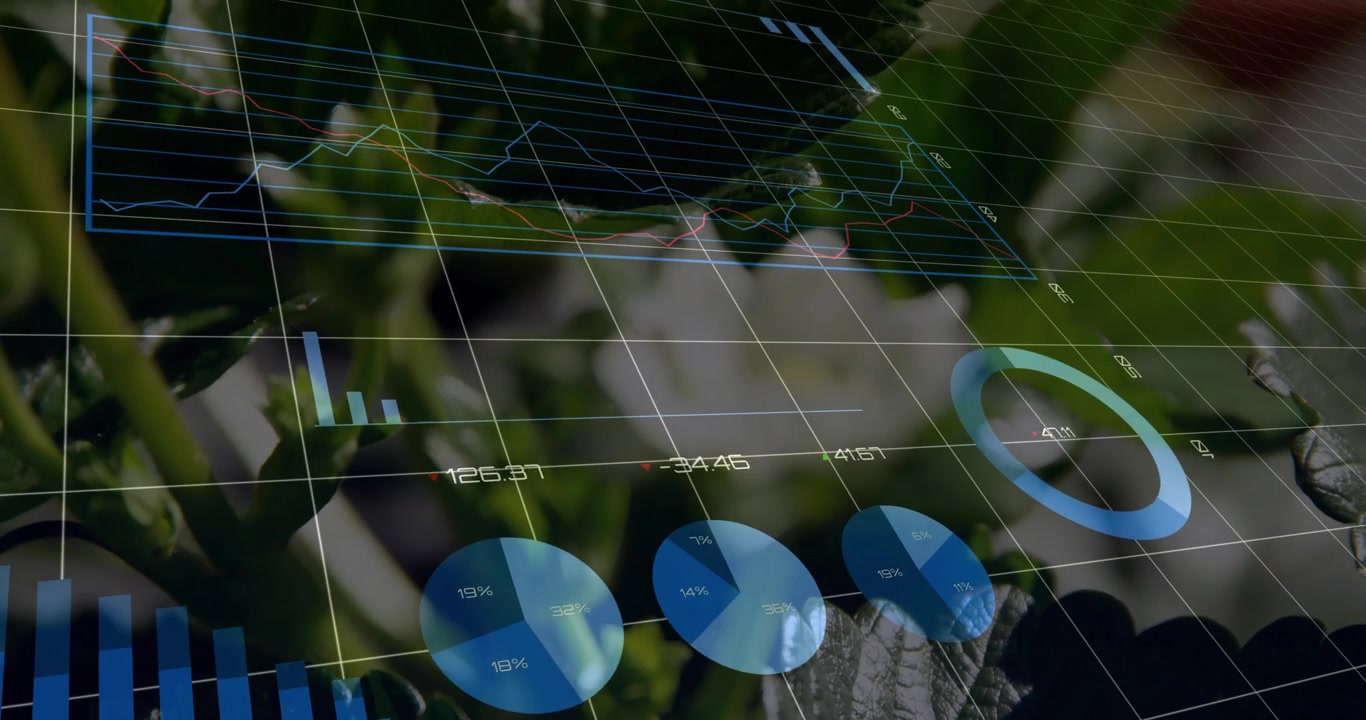 HUD holográfico reaccionando a la panorámica de la cámara, gráficos deslizantes, anillo en expansión, mapeando métricas agrícolas