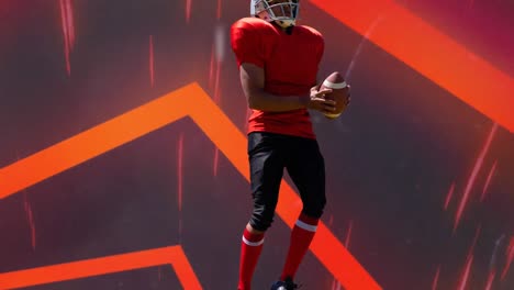 animation of african american male american football player over light trails on black background