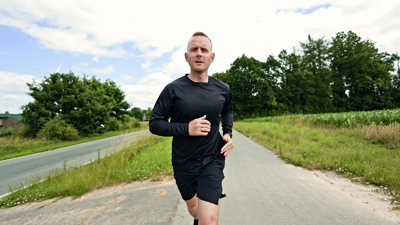Allenamento maschile, training cardio e corridore sul sentiero al mattino. Uomo che fa jogging mattutino fuori città. Stile di vita sano. Allenamento cardio per uomini. Uomo in maglietta e pantaloncini neri.