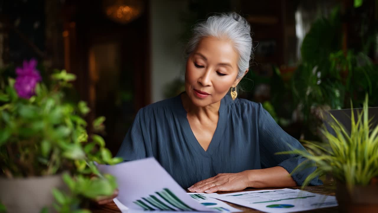 Donna concentrata che analizza i dati di un grafico, circondata da piante da interno e decorazioni floreali, per illustrare un ambiente di lavoro tranquillo in cui la natura incontra la produttività e la creatività in uno spazio di lavoro coinvolgente