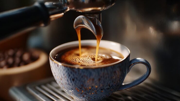 Die Kunst des Espresso meistern: Eine Nahaufnahme des kräftigen Brühvorgangs mit reichhaltigem, dunklem Kaffee, der in eine wunderschön gestaltete Tasse gegossen wird und die Essenz der Kaffeekultur und Handwerkskunst einfängt