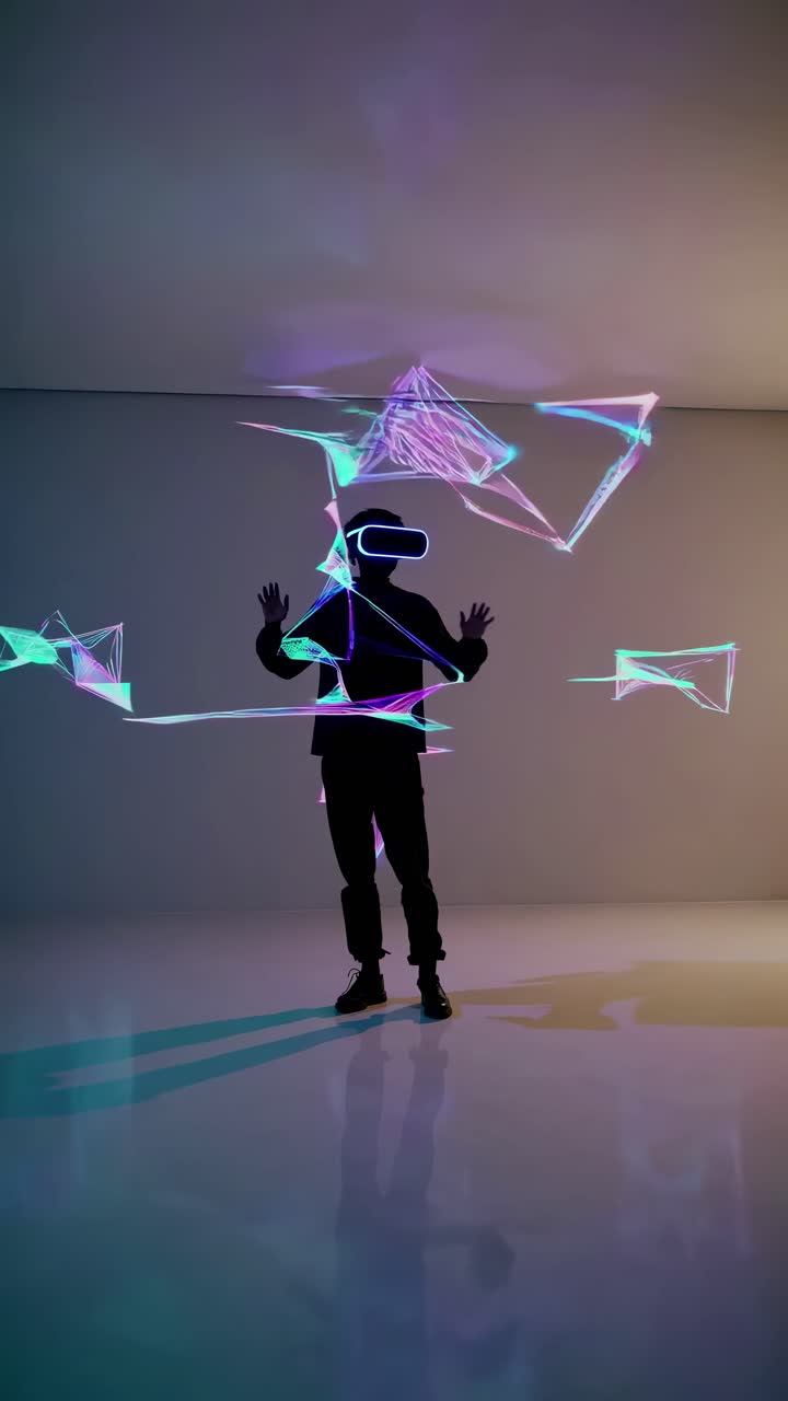 A futuristic video concept with a person in VR gear interacting with holographic graphics