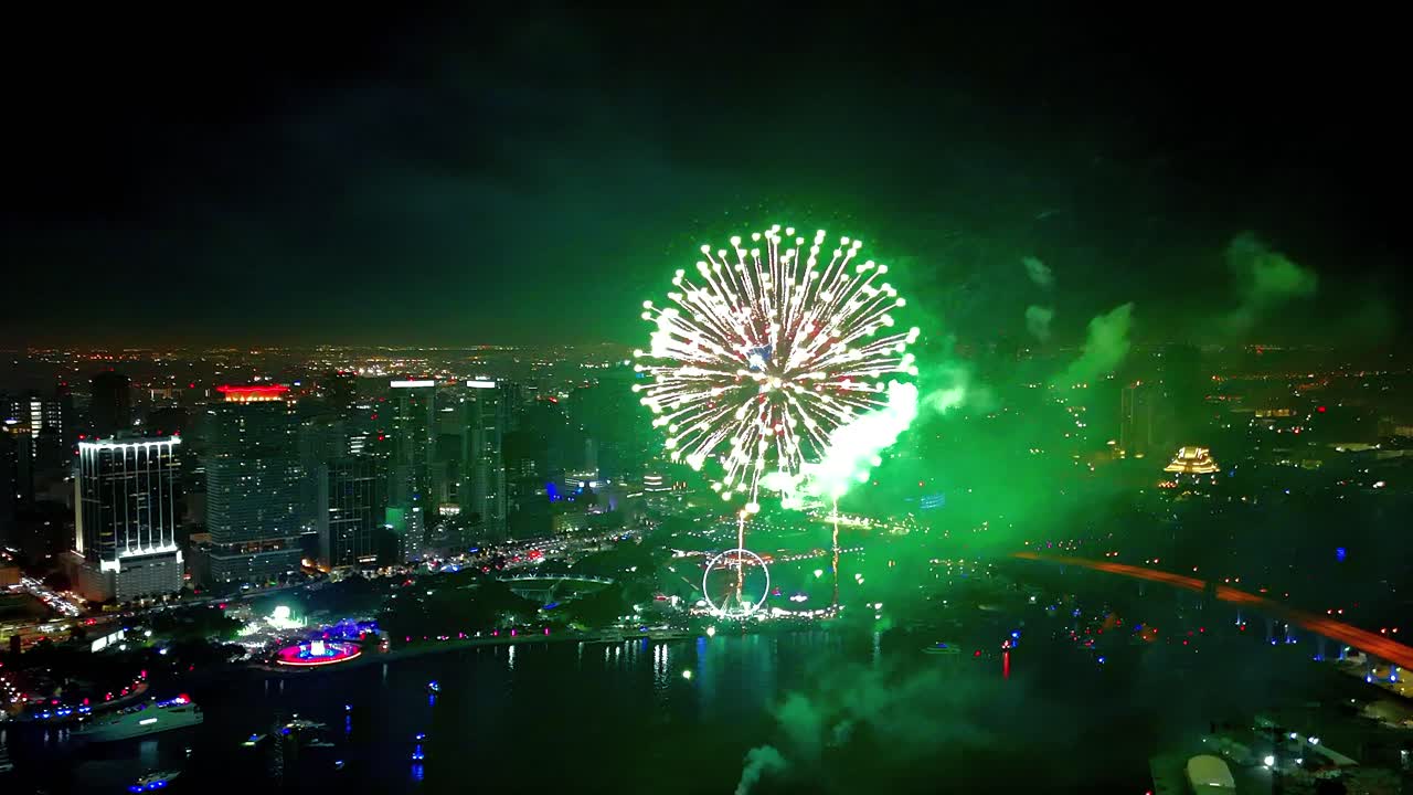 Drone view of a firework finale where explosive patterns bloom in radiant symmetry against a backdrop of shimmering city illumination