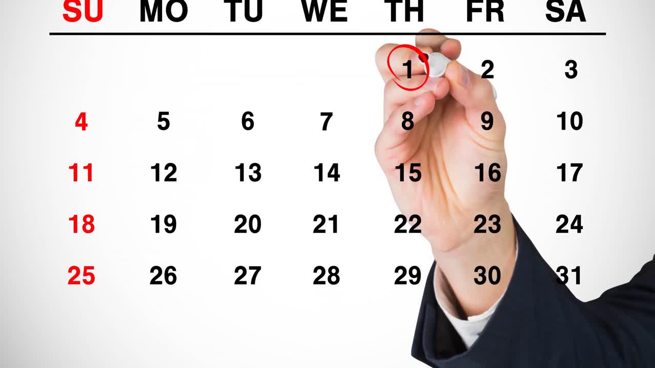 Animation of hand drawing red ring over january 1st on a monthly calendar