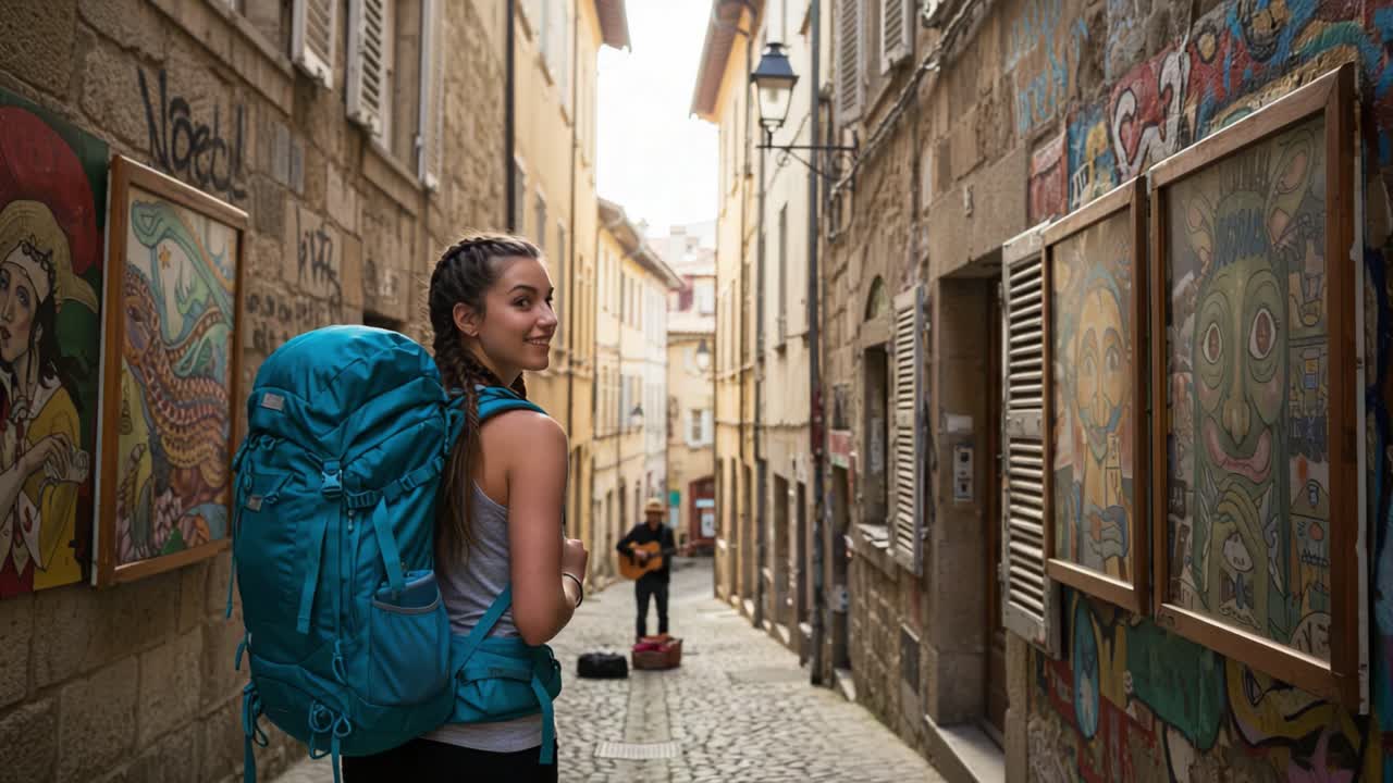 Ein Rucksackreisender erkundet eine künstlerische Gasse mit lebendigen Wandgemälden und einem Musiker im Hintergrund, der den Geist von Abenteuer und Entdeckung einfängt.