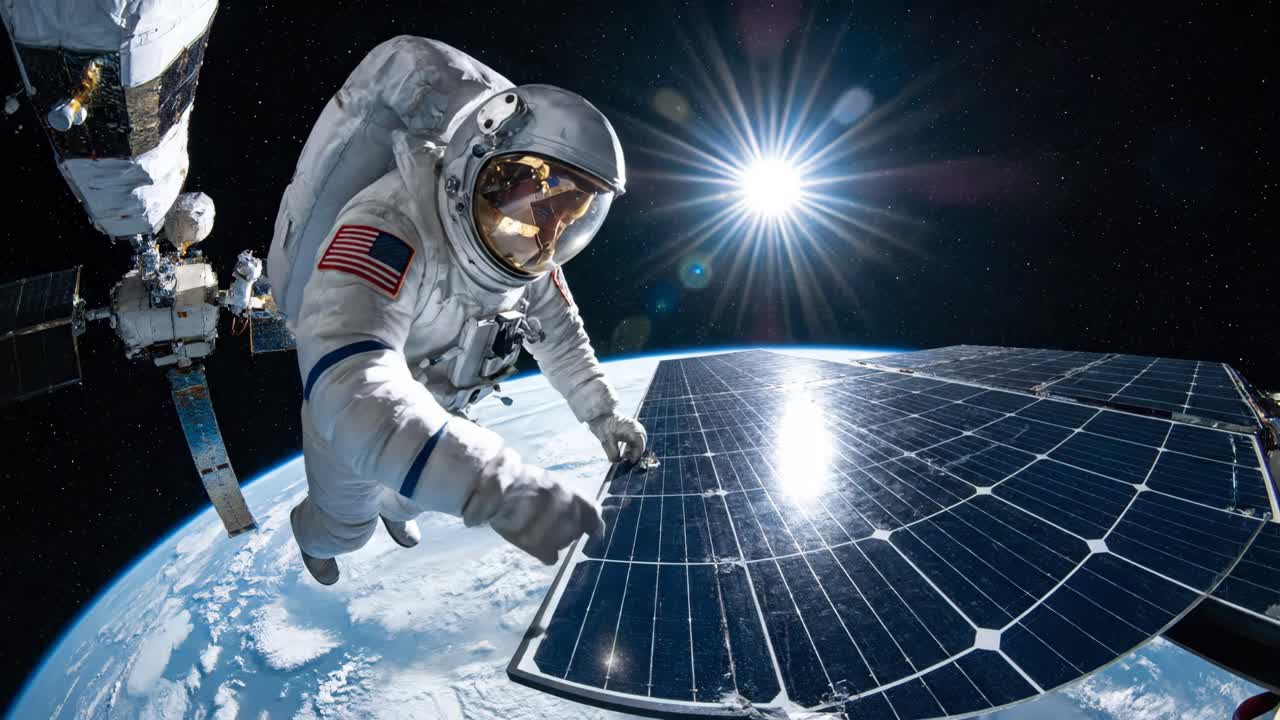 Astronaut on a Spacewalk Repairing Solar Panels in Space