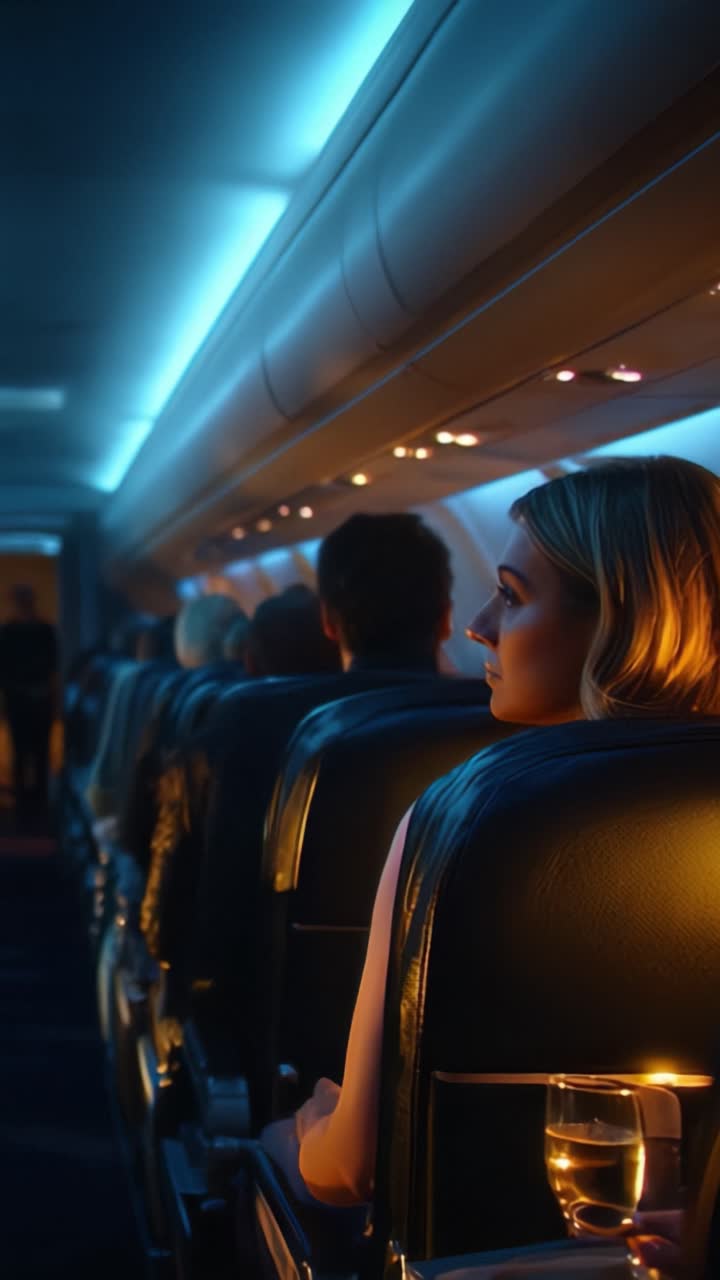 Un momento tranquilo en un vuelo nocturno: capturando la intimidad y el reflejo de los pasajeros en el entorno de una cabina de avión con poca luz