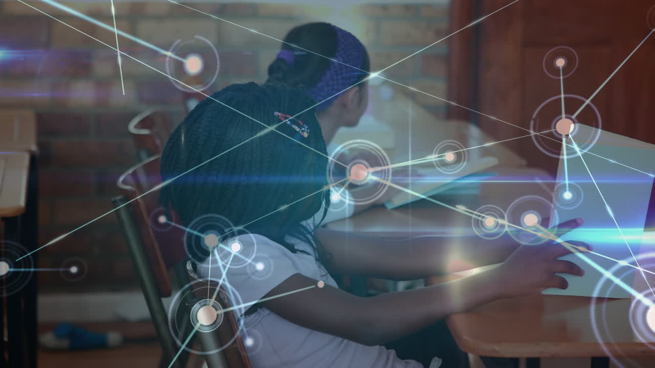 Animation of network of connections over happy diverse pupils using computers at school