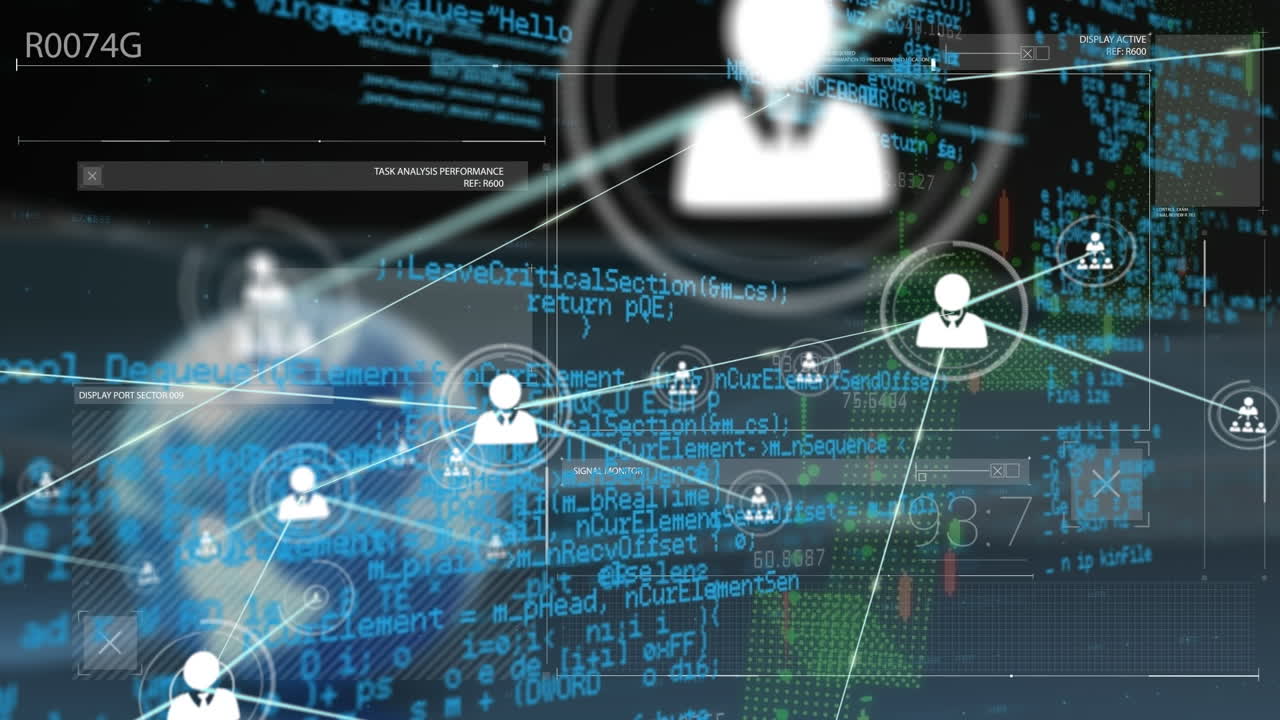 사람 아이콘의 애니메이션 루프가 그래프를 통해 선과 디지털 프로그래밍 코드로 연결됩니다.